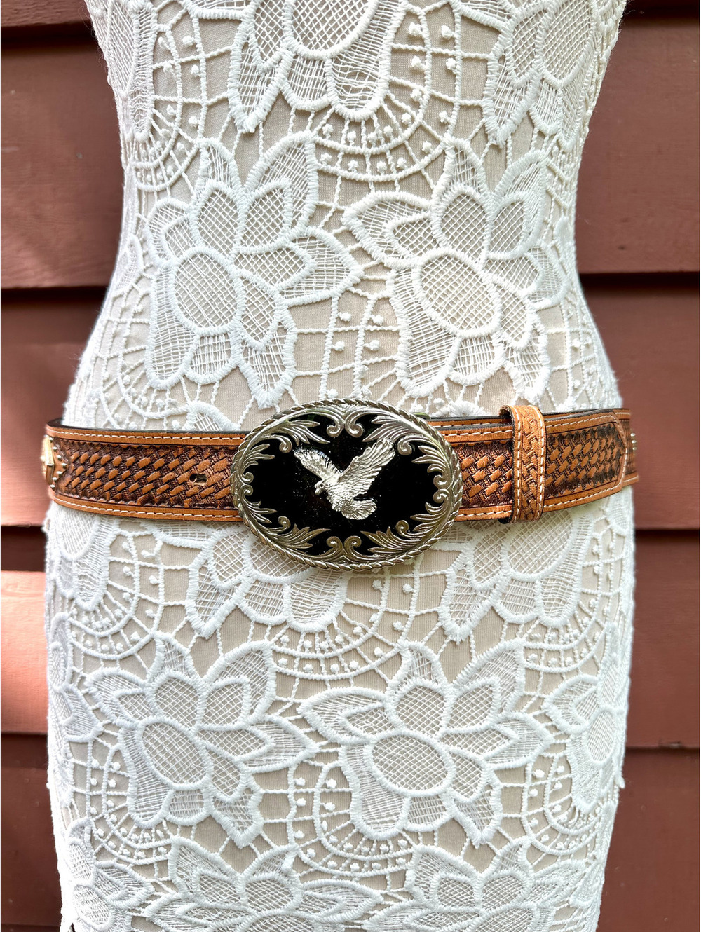 Western‎ Style Tooled Leather Belt With Silver Eagle Buckle